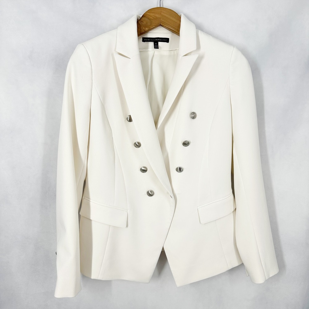 WHBM White Trophy Double Breasted Silver Button Blazer Womens Size 8
